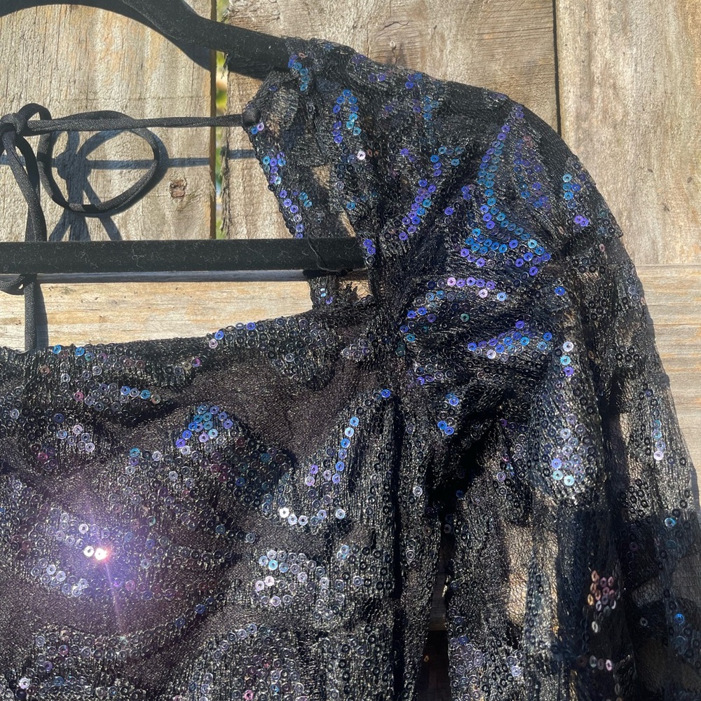 Lucy in the Sky Black sequined Babydoll Micro Mini Dress Sise S - Picture 2 of 10